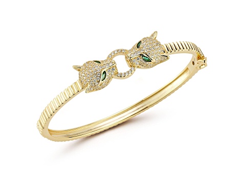Rachel Zoe 14K Yellow Gold Over Sterling Silver Pave Double Panther Head Bangle Bracelet