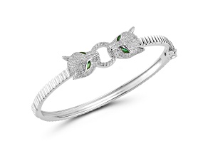 Rachel Zoe Rhodium Over Sterling Silver Pave Double Panther Head Bangle Bracelet