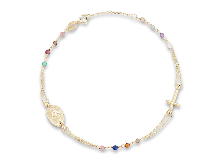 Bellissima Gold 14K Yellow Gold Lapis, Garnet, Rose Quartz, Chalcedony Beaded Bracelet