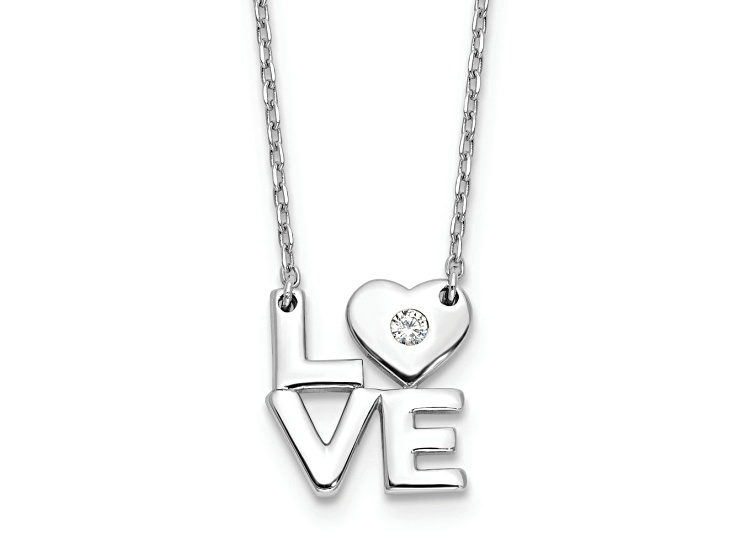 Rhodium Over Sterling Silver Cubic Zirconia LOVE 16-inch with 2-inch Extension Necklace