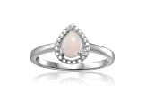 Pear Shape Lab Created Opal with Moissanite Accents Rhodium Over Sterling Silver Halo Ring