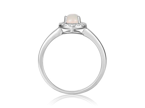 Pear Shape Lab Created Opal with Moissanite Accents Rhodium Over Sterling Silver Halo Ring
