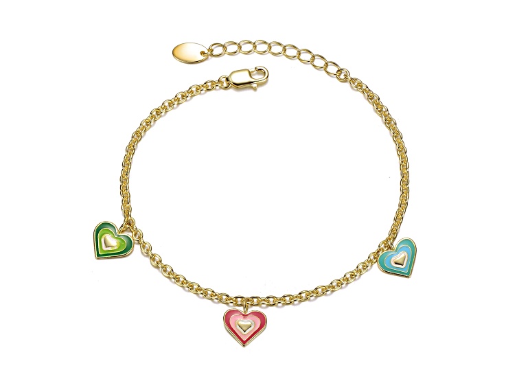 14K Gold Plated over Sterling Silver with Multi Color Enamel Halo Heart Charm Bracelet for Kids