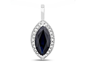 Blue Sapphire and White Diamond Marquise Shaped 10K White Gold Halo Pendant 2.29ctw