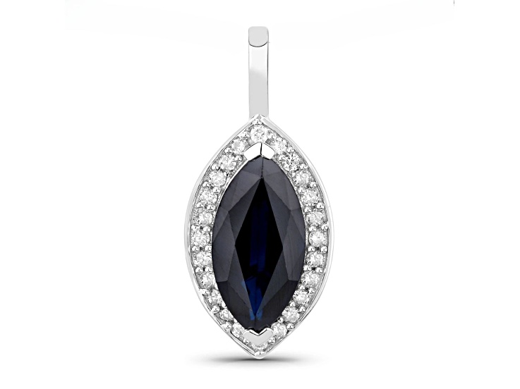 Blue Sapphire and White Diamond Marquise Shaped 10K White Gold Halo Pendant 2.29ctw