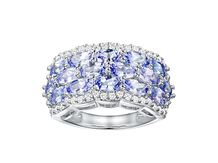 Tanzanite with White Zircon Rhodium Over Sterling Silver Multi-row Band Ring 5.1Cttw