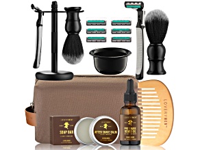 LoveryMEN Ultimate Beard Shaving Kit wrapped in a Luxury Brown Cosmetic Bag