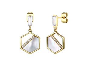 Mother of Pearl & Cubic Zirconia, 14K Gold Plated over Brass Hexagon Dangle Earrings