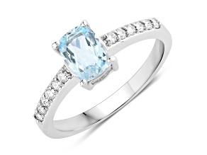 Blue Aquamarine and Lab Grown Diamond Rhodium Over Sterling Silver Bridge Ring 0.97ctw
