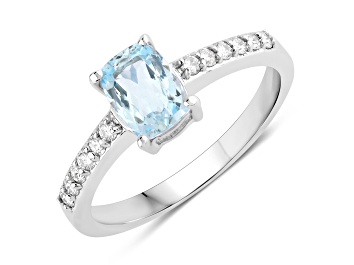 Picture of Blue Aquamarine and Lab Grown Diamond Rhodium Over Sterling Silver Bridge Ring 0.97ctw