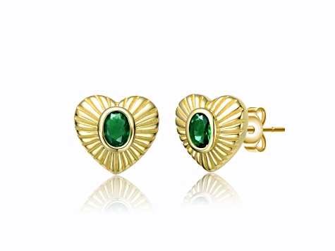 Emerald Cubic Zirconia, 14k Gold Plated over Sterling Silver Sunray Heart Stud Earrings