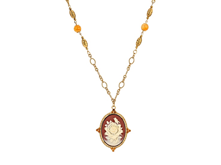 Oval Orange Resin Rose Cameo and Brown Crystal Pendant with 28" Chain