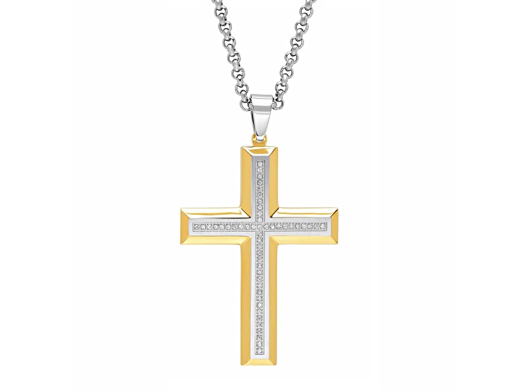 Yellow Ion-Plated Stainless Steel White Diamond Cross Pendant With Chain 1/4ctw