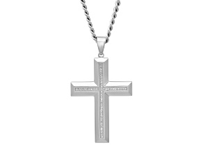 Stainless Steel White Diamond Beveled Cross Pendant With Chain 1/4ctw