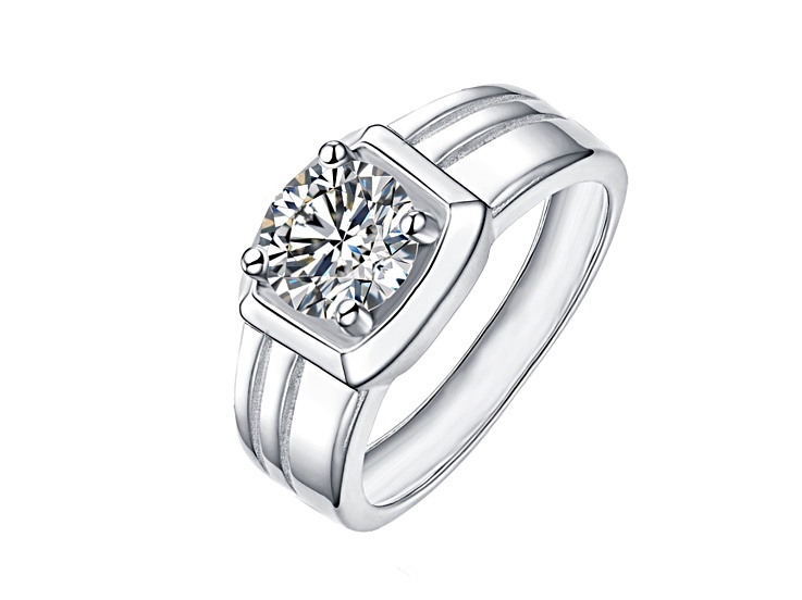 Clear Cubic Zirconia, Rhodium Plated over Brass Four-Prong Setting Grooved Adjustable Band Ring