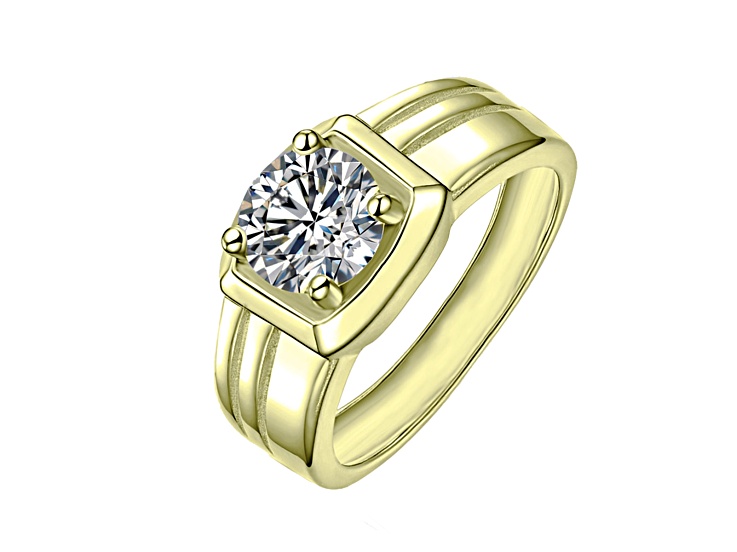 Clear Cubic Zirconia, 14K Gold Plated over Brass Four-Prong Setting Grooved Adjustable Band Ring