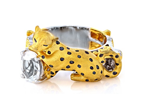 White Quartz Rhodium & 24K Yellow Gold Over Palladium Sterling Silver Panther Ring 1.16ct