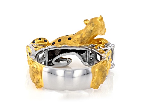 White Quartz Rhodium & 24K Yellow Gold Over Palladium Sterling Silver Panther Ring 1.16ct