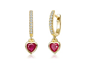 Ruby Red Heart Cubic Zirconia with Clear CZ Accents, 14K Gold Plated over Brass Drop Earrings
