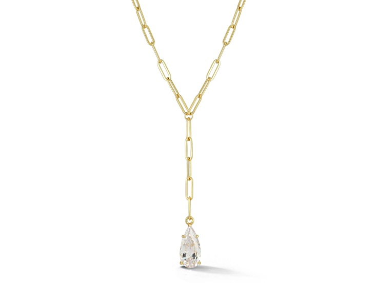 Sterling Statements 14K Yellow Gold Over Silver Pear Shaped Cubic Zirconia Paperclip Lariat Necklace