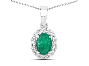 Green Zambian Emerald and Lab Grown Diamond Sterling Silver Pendant with Chain 0.89ctw