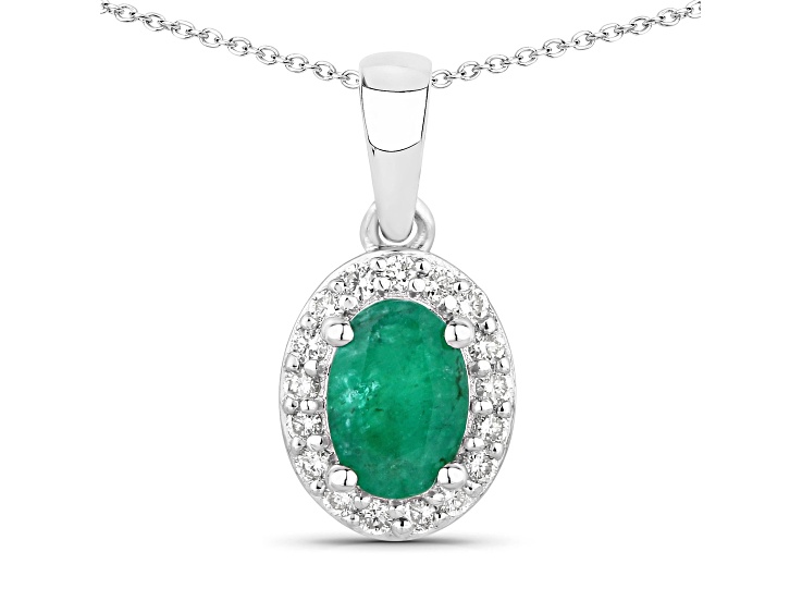 Green Zambian Emerald and Lab Grown Diamond Sterling Silver Pendant with Chain 0.89ctw