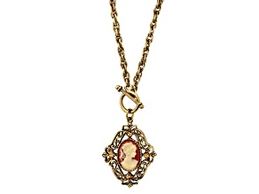 1928 Jewelry Gold Tone Brass Faux Orange Cameo Toggle Pendant With Chain 18 Inch