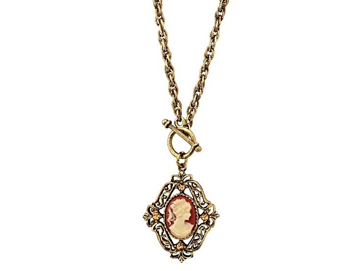 1928 Jewelry Gold Tone Brass Faux Orange Cameo Toggle Pendant With Chain 18 Inch