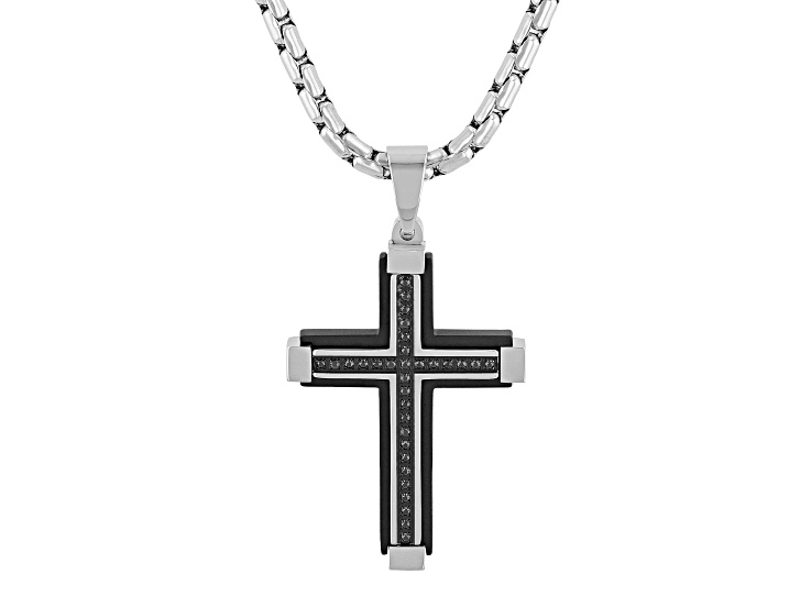 Black Ion-Plated Stainless Steel and Black Diamond Cross Pendant With Chain 0.17ctw