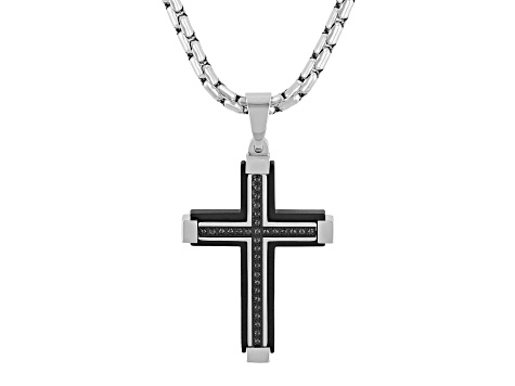 Black Ion-Plated Stainless Steel and Black Diamond Cross Pendant With Chain 0.17ctw