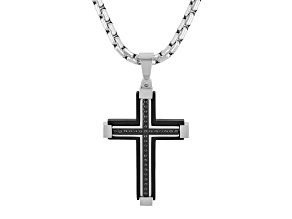 Black Ion-Plated Stainless Steel and Black Diamond Cross Pendant With Chain 0.17ctw