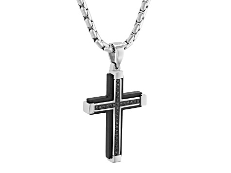 Black Ion-Plated Stainless Steel and Black Diamond Cross Pendant With Chain 0.17ctw