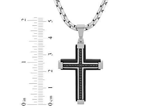 Black Ion-Plated Stainless Steel and Black Diamond Cross Pendant With Chain 0.17ctw