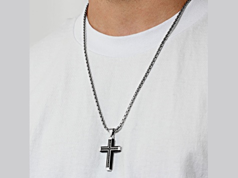 Black Ion-Plated Stainless Steel and Black Diamond Cross Pendant With Chain 0.17ctw