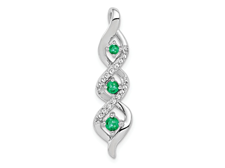 Rhodium Over 10k White Gold Diamond and 0.21 ctw Emerald 3-stone Twisted Chain Slide Pendant