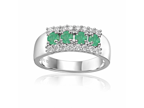 Oval Emerald and Round Moissanite Sterling Silver Wide Band Ring