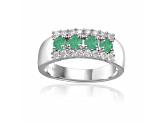 Oval Emerald and Round Moissanite Sterling Silver Wide Band Ring