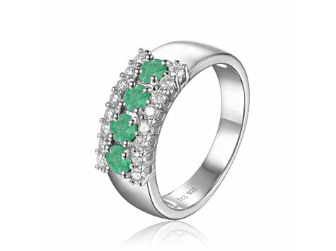 Oval Emerald and Round Moissanite Sterling Silver Wide Band Ring