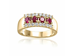 Oval Ruby and Round Moissanite 14K Yellow Gold Over Sterling Silver Wide Band Ring