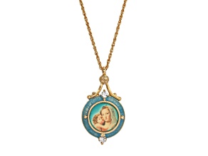 Symbols Of Faith Gold Tone Brass  Blue Enamel Mary and Child Pendant With Chain 16 Inch Adjustable