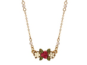 Yellow Base Metal Faux Pearl Red Enamel Flower Necklace 16 inch Adj.