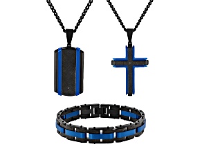Black Diamond Accent Two-Tone Stainless Steel Dog Tag, Cross Pendant, & Bracelet Set