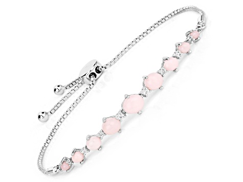 Pink Opal and White Topaz Rhodium Over Sterling Silver Bolo Bracelet