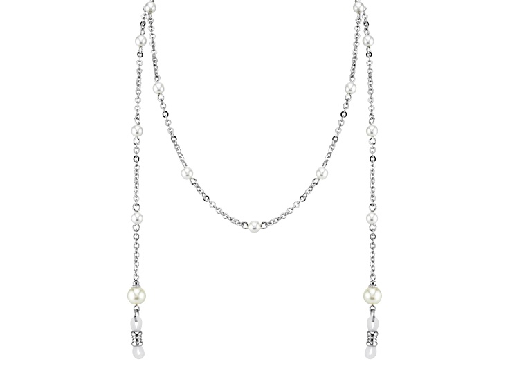 1928 Jewelry Silver Tone Base Metal Silver-Tone Chain Simulated Pearl Eyeglass Holder 30"