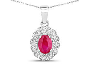 Ruby and White Diamond 10K White Gold Halo Pendant With Chain