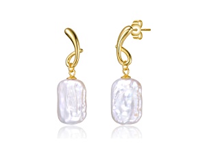 Baroque White Freshwater Pearl, 14K Gold Plated over Sterling Silver Ribbon Drop Earrings