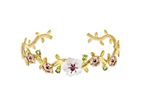 Frosted White Quartz Rhodium & 18K/24k Gold Over Palladium Sterling Silver Bangle 3.63ctw