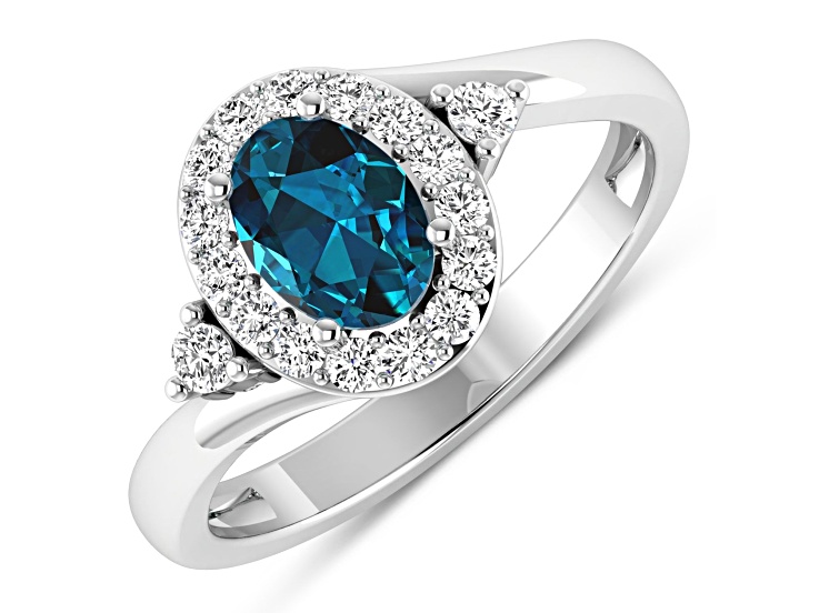 Oval London Blue Topaz and Diamond 14K White Gold Halo Ring 0.97 ctw