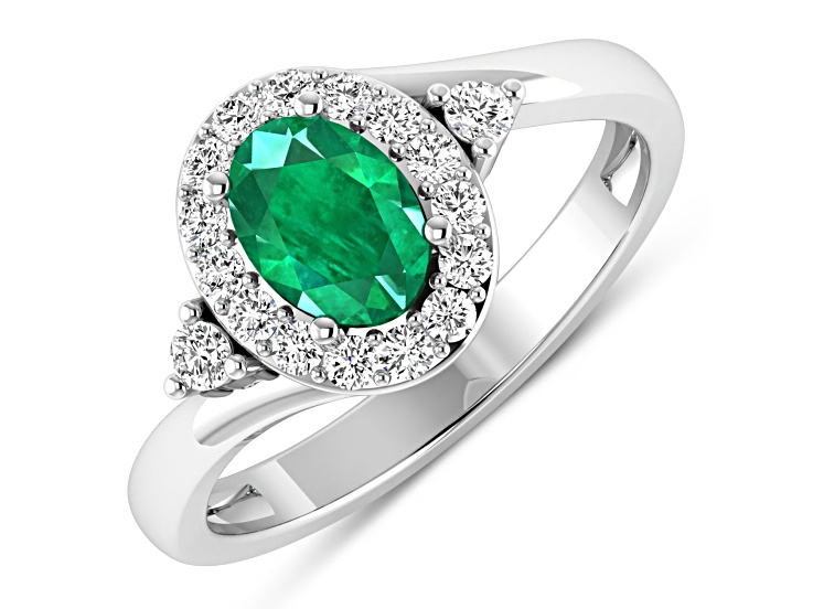 Oval Green Emerald and Diamond 14K White Gold Halo Ring 0.83 ctw