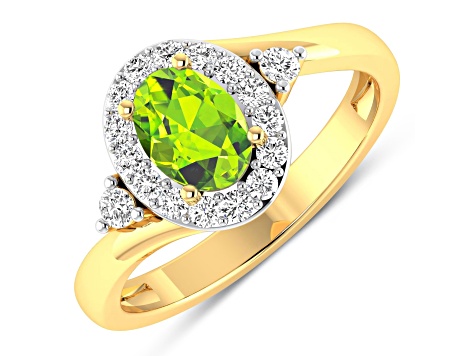 0.9ctw Green Peridot and Diamond 14K Yellow Gold Halo Ring